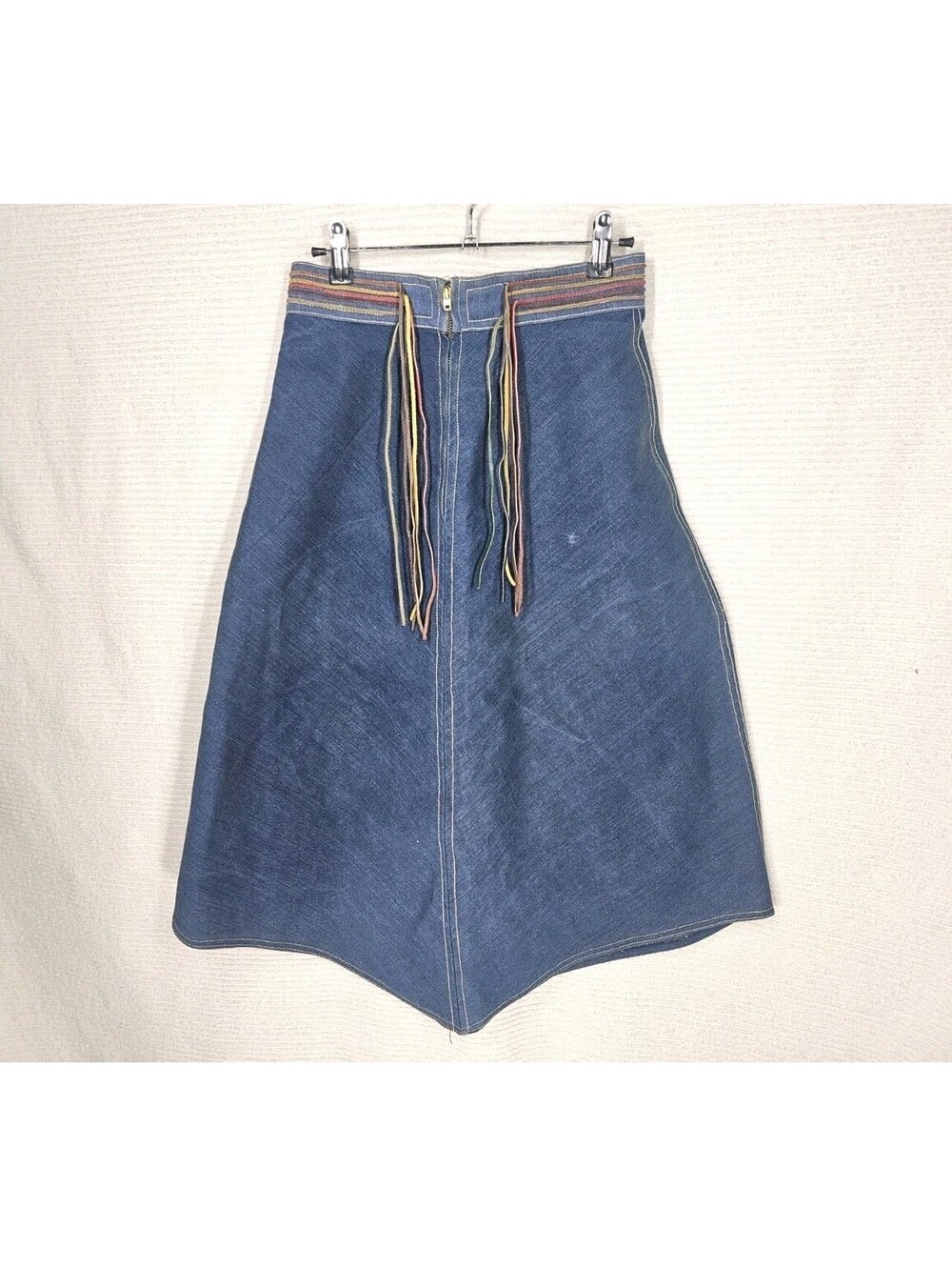 Vtg 1970s Denim Leather Skirt Colorful Streamer w27-28 French Dressing USA Jeans